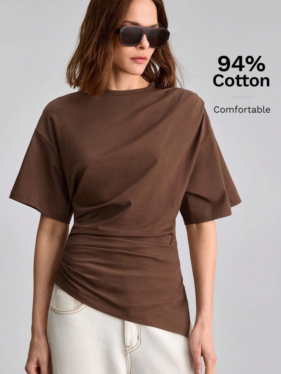2026SS Women's T-Shirt,Coffee Brown Summer Chic Everyday Top,Short Sleeve,Fitted Silhouette,Ruched Waist,Asymmetric Hem,Elegant Urban Office Commute