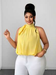 Maweii Plus Size Women Solid Color Pleated Casual Elegant Fashion Halter Neck Blouse Date Night Light Yellow Summer - Yellow - View 1