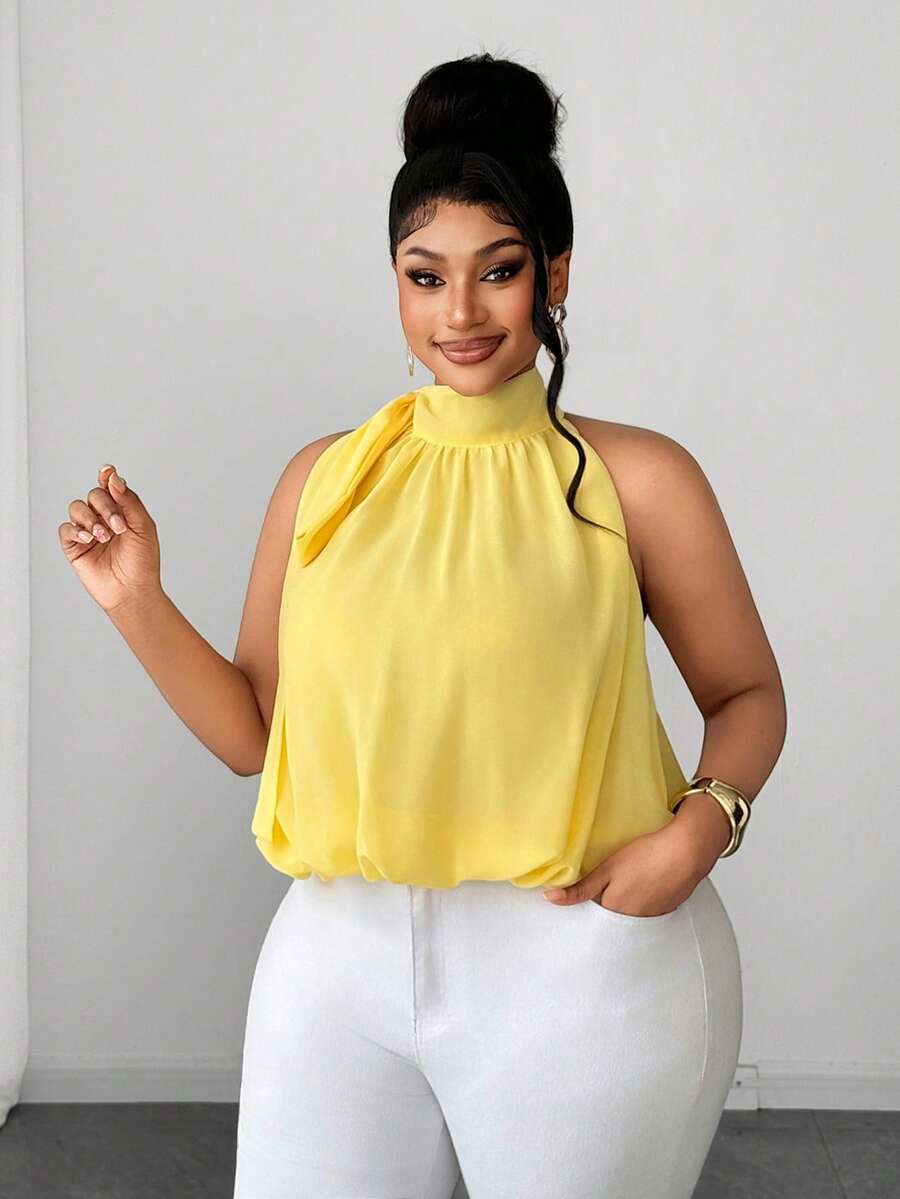 Maweii Plus Size Women Solid Color Pleated Casual Elegant Fashion Halter Neck Blouse Date Night Light Yellow Summer - Yellow - View 1