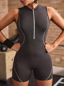 Powerista Women's Stand Collar Backless Sports Tank Top Romper - Dark Grey - View 9
