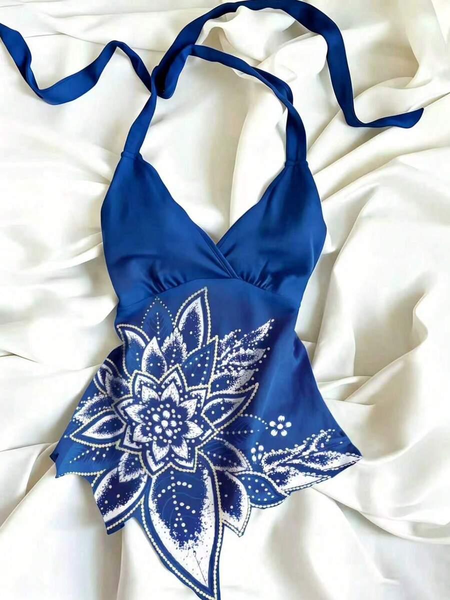 Franclia 女款花卉印花不對稱下擺掛脖露背上衣 - 藍色 - 查看 1