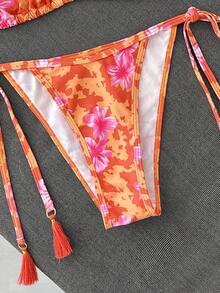 Swim Vcay 女士挂脖比基尼套装，2件套蕾丝装饰休闲性感泳装，适合海滩度假，随机橙色花卉印花 - 彩色 - 查看 4