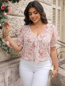 SHEIN Clasi Áo sơ mi nữ size lớn họa tiết hoa, gấu bèo nhún, thắt nơ trước - Nhiều màu - Xem 1