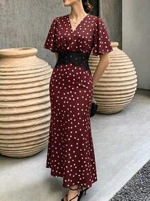 Modelyn V領蕾絲飾邊圓點洋裝 - 紅色 - 查看 2