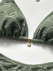 SHEIN Swim Chicsea 26SS 春夏度假海灘波希米亞風編織棕紅色比基尼泳衣附長褲 3件組 - 綠色 - 查看 4