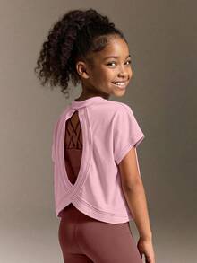 SHEIN Tween Girls Clothes Casual Sports Short Sleeve Back Hollow Out, Cute, School, Back To School - Pink - View 6