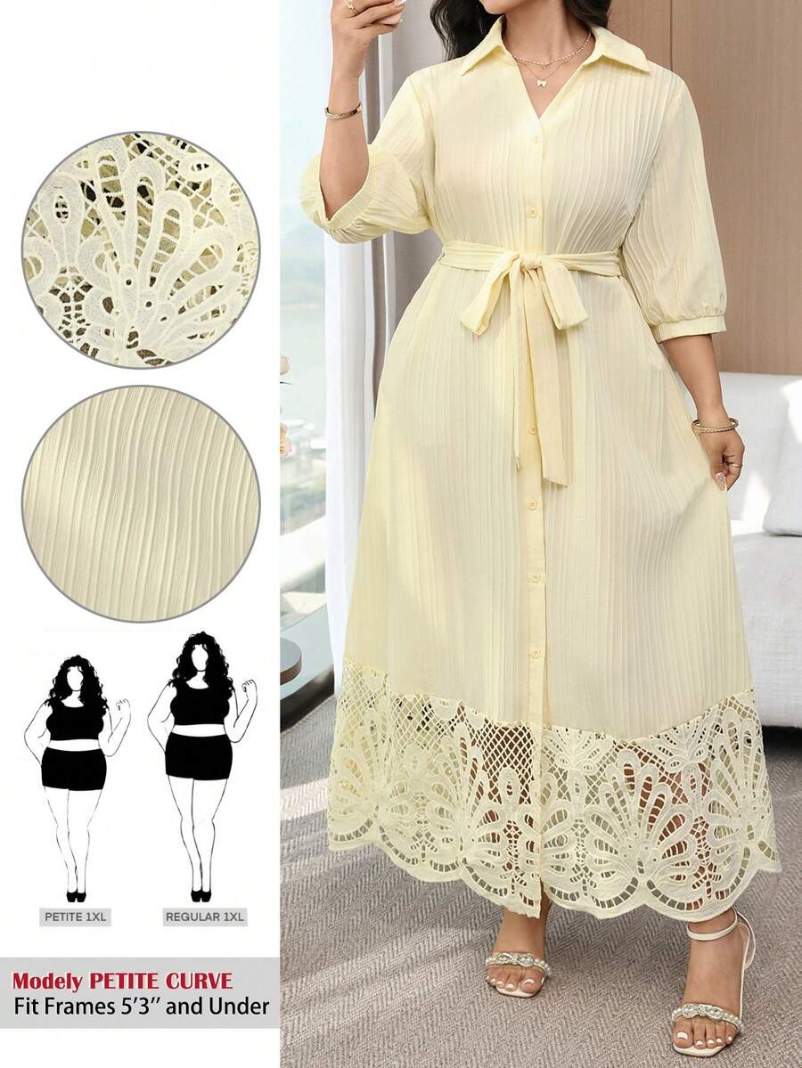 Modelyn Petite Damen Große Größen Einfarbiges Spitzen-Patchwork Elegantes Kleid Tee-Party Formell Brunch Hochzeitsgast High Tea Zartgelb Herbst - Gänsegelb - Übersicht 1
