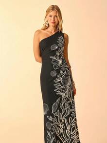 CAJUNI Women's Boho Tropical Blue Ocean Shell Seahorse Coral Print, Asymmetric Shoulder Waist Gathered Midi Vacation Casual Dress - Black - View 7