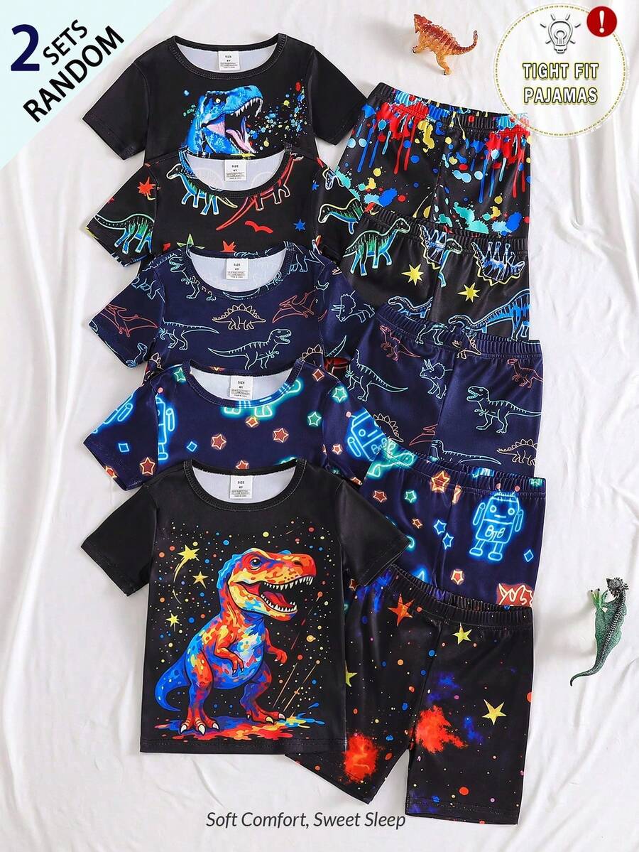 [2pcs/Set] Young Boys Dinosaur Cartoon Glow-In-The-Dark Print Short Sleeve Shorts Knit Snug Fit Pajamas Set - Multicolor - View 1