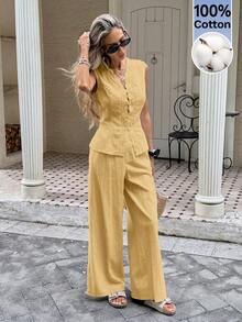 Serisse Women's Contrast Lace Single-Breasted Vest And Pants Casual Two Pieces Set - Yellow - View 4