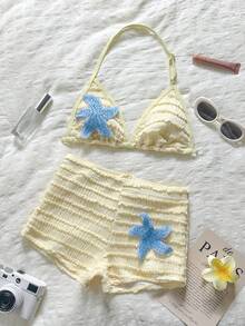 SHEIN 青少年女孩奶油黃針織提花海星裝飾細肩帶比基尼上衣與短褲度假泳裝套裝 - 黃色 - 查看 4