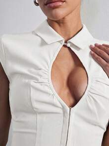 Hauture Women's Stretch Keyhole Neckline Shirt Dress With Hook And Eye Opening Sexy Office Night Out Wear Cream White Summer - White - View 4
