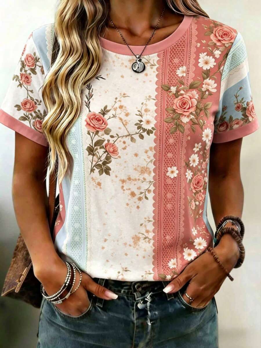 EMERY ROSE Women's Floral Cross Contrast Pattern Round Neck Top, Comfortable Short Sleeve T-Shirt, Suitable For Casual Daily Wear - Multicolor - View 1