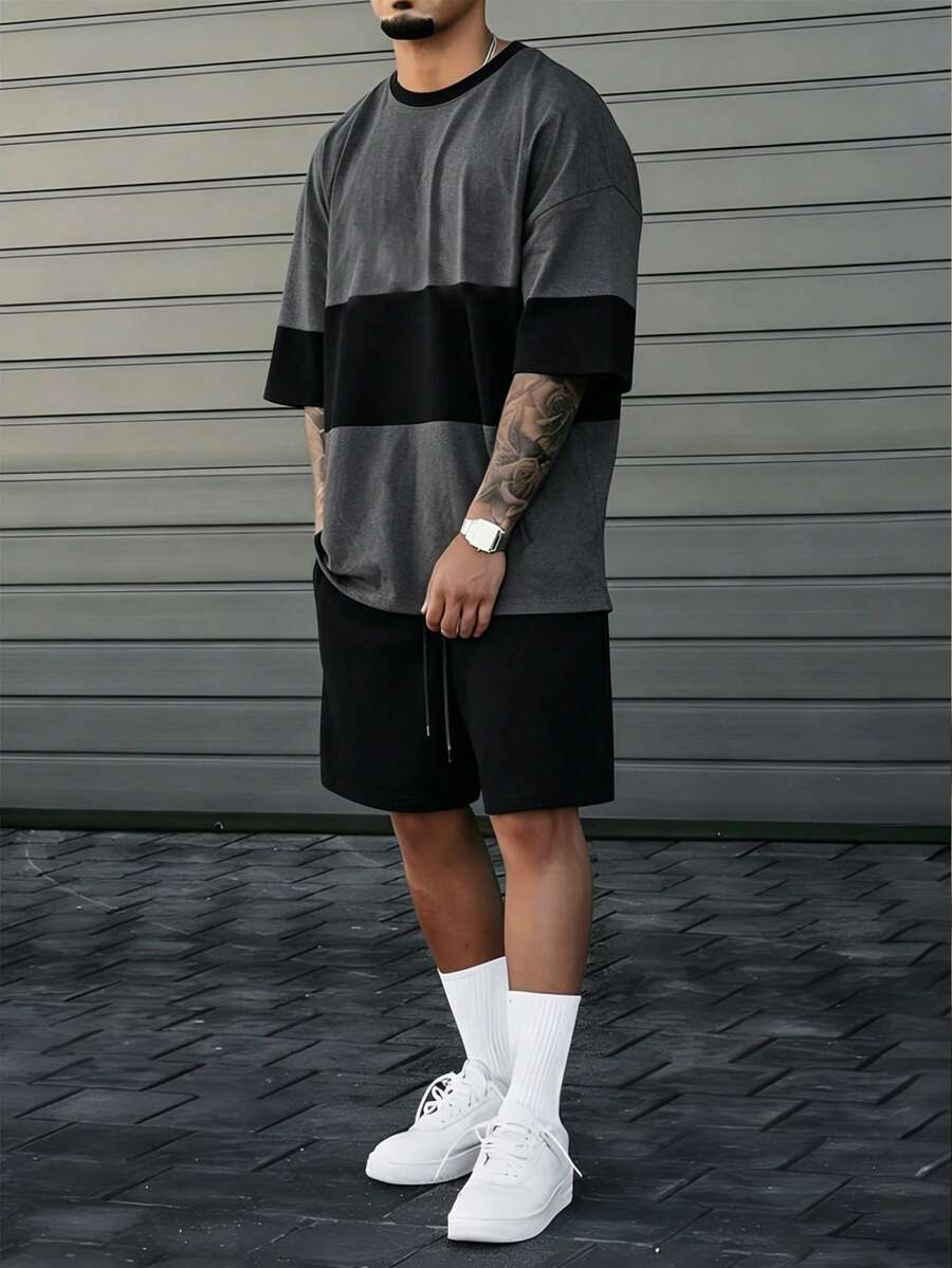 Manfinity Homme Men's Casual Color Block T-Shirt And Drawstring Waist Shorts Set - Multicolor - View 1
