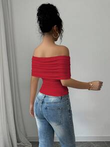 SHEIN Raffinéa Spring/Summer Women's Elegant Off-Shoulder Large Lapel Ruched Hem Square Hem Slim Fit Flattering T-Shirt - Red - View 2