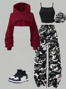 SHEIN Girlism 青少年女孩休閒日常短版紋理長袖運動衫 - 酒紅色 - 查看 5