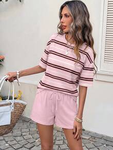 SHEIN LUNE Bộ đồ nữ 2 món cổ tròn vai trễ áo top và quần short dây rút, trang phục thường ngày mùa hè cho nữ - Nhiều màu - Xem 8