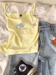 SHEIN EZwear 女士五角星印花米黄色休闲性感吊带背心，适合夏季穿着 - 黃色 - 查看 5