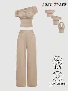 SHEIN MOD 女士纯色褶皱吊带上衣和阔腿裤休闲两件套 - 杏色 - 查看 3
