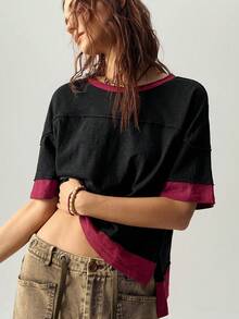 Bohemela Casual Knit Colorblock Crew Neck Short Sleeve Loose Fit Women's T-Shirt - Black - View 5