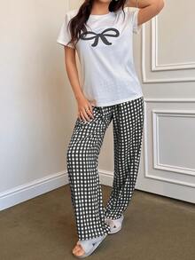 Napfluff Cute Bow Embroidery Top & Plaid Pants Women's Pajama Set - Black - View 6