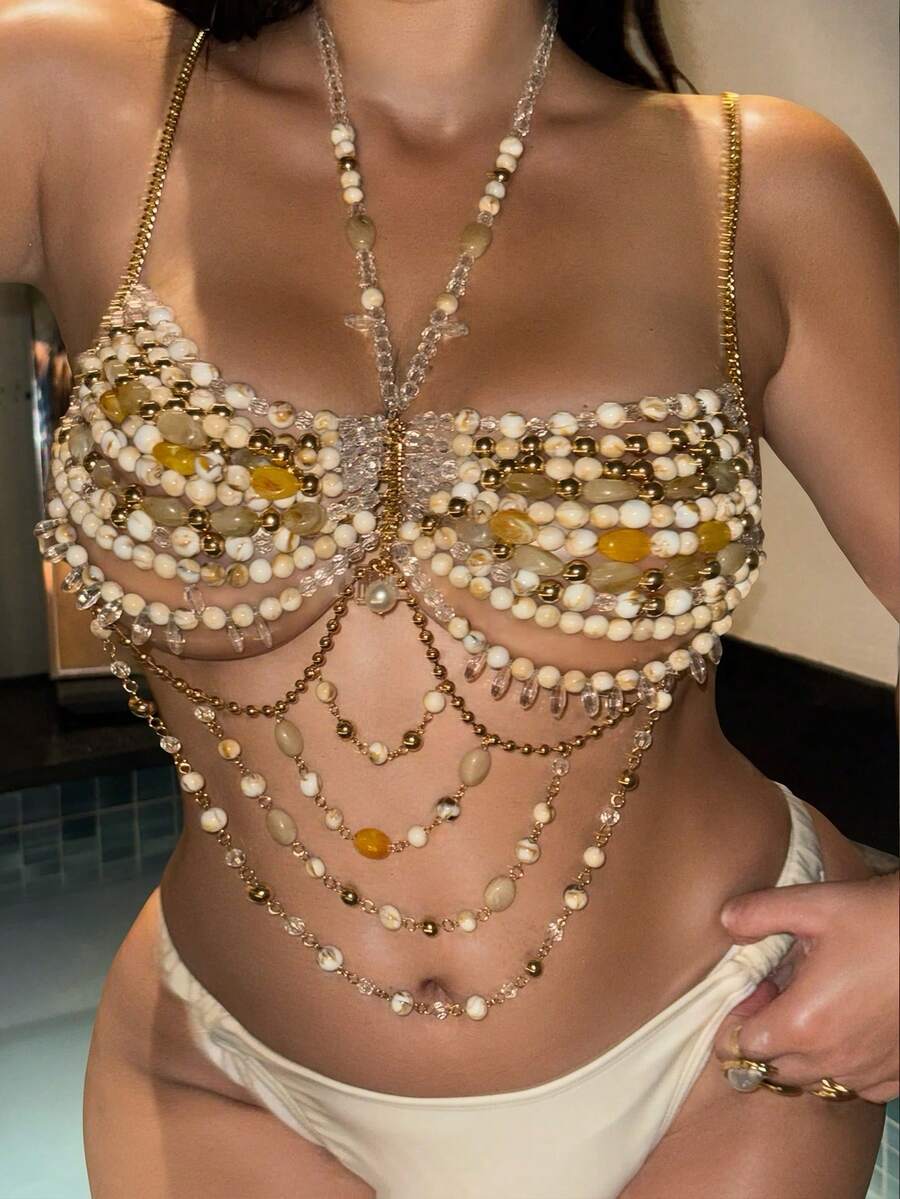 Swim SXY 2026 Nouveau Printemps et Été Sous-vêtements Bikini Grande Taille pour Femmes avec Chaîne de Corps Sexy, Chaîne de Perles et Chaîne Métallique Accessoires de Vacances à la Plage Fête Festival, Lingerie - Roux - Voir 1