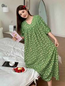 DAZY 碎花V領寬鬆短袖長洋裝 夏季女款睡裙睡衣 - 綠色 - 查看 6