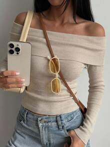 DAZY Women's Solid Color Off-Shoulder Long Sleeve Fitted Sweater, Autumn Off Shoulder Sweater,Long Sleeve Tops,Fall Women Clothes - Camel - View 13