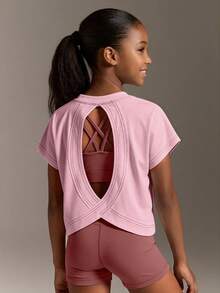 SHEIN Tween Girls Clothes Casual Sports Short Sleeve Back Hollow Out, Cute, School, Back To School - Pink - View 4