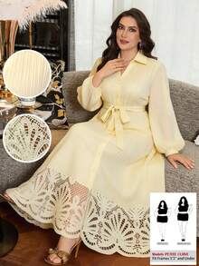 Modelyn Petite Damen Große Größen Einfarbiges Spitzen-Patchwork Elegantes Kleid Tee-Party Formell Brunch Hochzeitsgast High Tea Zartgelb Herbst - Gänsegelb - Übersicht 8