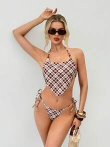 SHEIN 復古棕色格紋掛脖綁帶泳衣上衣 + 綁帶比基尼泳褲 女款泳裝套裝，珠飾肩帶設計，夏季新品，復古遊牧風，休閒度假 - 棕色 - 查看 6