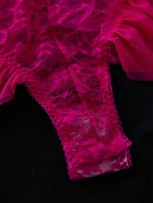 Crystal Vow Butterfly Lace Mesh Ruffled Underwire Jumpsuit, Cute Sheer For Women Rave Hot Pink Summer - Hot Pink - View 5
