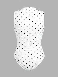 SHEIN Body & Mono para niñas preadolescentes, mono ajustado de punto blanco con estampado de lunares y cintura fruncida - Blanco - Ver 2