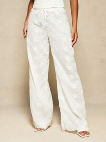 MISSGUIDED X Carli Bybel Women's White Broderie Anglaise Wide Leg Drawstring Pants With Floral Cutout Embroidery Summer Palazzo Trousers Bohemian Beach Vacation Casual - White - View 2