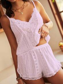 Lullawish Bohemian Vacation Style Casual Lace Trim Hollow Texture Jacquard Knit Fabric Solid Color Short Women's Pajama Set - Pink - View 6