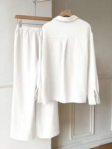 SHEIN EZwear 女款春秋休閒度假日常通勤白色編織刺繡落肩寬鬆長袖襯衫與寬腿長褲套裝 - 白色 - 查看 2