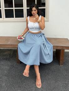 EMERY ROSE 大尺碼女款淺藍色水洗蝴蝶結牛仔裙 - 藍色 - 查看 1