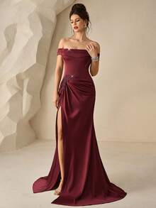 Coutiva Women's Off-Shoulder Solid Color Side Slit 3D Floral Design Elegant Evening Gown Dress - Burgundy - View 6