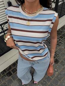 Siren Gaze Áo tank top không tay kẻ sọc bất đối xứng màu xanh phong cách tối giản thường ngày, phong cách streetwear đa năng, áo mùa hè - Nhiều màu - Xem 5