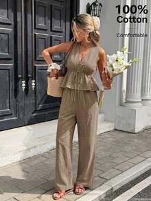 Serisse Bộ hai món nữ cổ chữ V màu trơn thắt eo áo và quần dài phong cách casual tối giản, phù hợp cho mùa hè - Màu Khaki - Xem 2