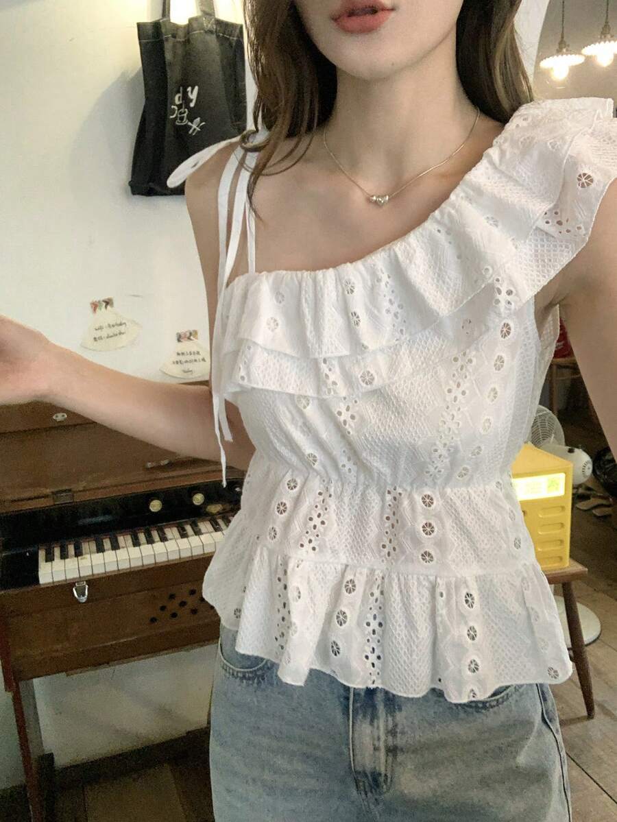 DAZY Women's Asymmetric One-Shoulder Ruffle Mesh Embroidered Casual Blouse Summer - White - View 1
