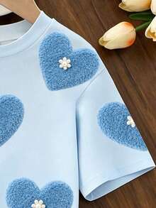 1 Set Tween Girls Spring And Summer Clothes Casual Comfortable Fashion Sweet Cute Heart Pattern Casual Style Short Sleeve T-Shirt And Shorts Set Light Blue T-Shirt Set Suitable For Outings, Casual, Vacation And Other Occasions Not Only Easy To Wear But Also Excellent Performance Summer New Round Neck Loose Set, Let Children Be The Most Eye-Catching Little Ones In Spring And Summer - Multicolor - View 4