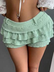 Aloruh Women's Autumn/Winter New Solid Color Elegant Sweet Ballerina Style Ultra-Low Waist Multi-Layer Ruffle Skirt Shorts - Mist Green - View 3