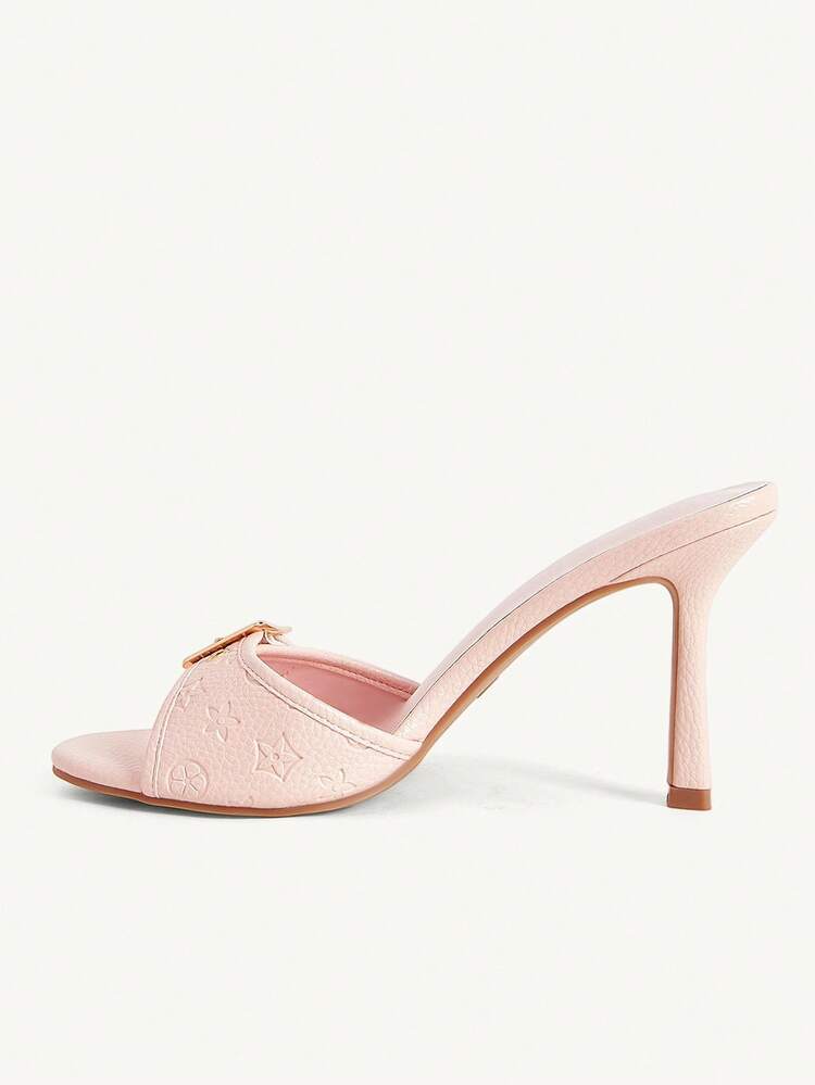 CUCCOO CHICEST Women Shoes Pink Embossed PU Gold Buckle Design Fashion Sexy Temperament Round Toe High Heel Cool Slippers