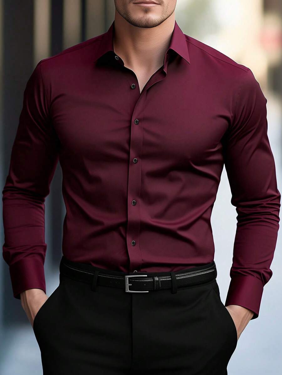 Manfinity Mode Men's Business Casual Burgundy Shirt,Solid Color Stand-Up Collar Long Sleeve Button Formal Shirts For Office,Autumn Fashion Daily Wear & Party Gift, Ceremony - Burgundy - View 1