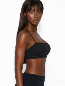 Rest Era Black Spaghetti Strap Casual Sports Bra With Letter Elastic, Backless Design For Daily Wear - Black - View 4