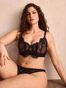 Charlaine Plus Size Vintage Full-Coverage Sexy Bra With Wire, Romantic French Contrast Lace, Everyday Wear Sexy Lingerie, Lift - Black - View 2