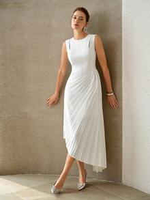 MOTF PREMIUM SPRING/SUMMER ASYMMETRIC HEM PLEATED ELEGANT CUT-OUT DRESS - Beige - View 3