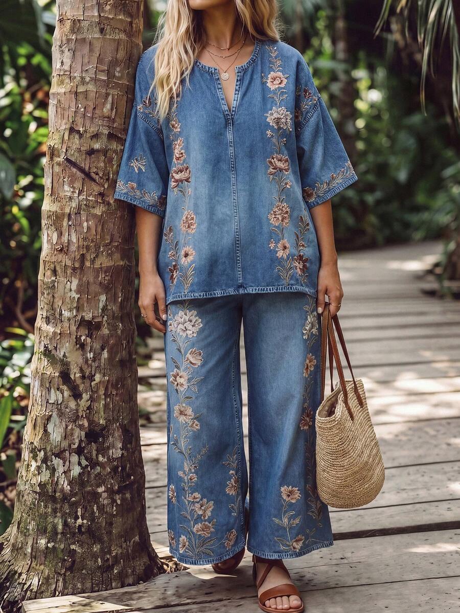 SHEIN LUNE CURVE Spring/Summer Vacation Casual Elegant Denim Effect Print Plus Size Women's Clothing Set Light Blue - Red and White - View 1