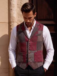 Officeau Nuevo chaleco retro de hombre con parches y contraste de colores en el cuello - Rojo - Ver 12